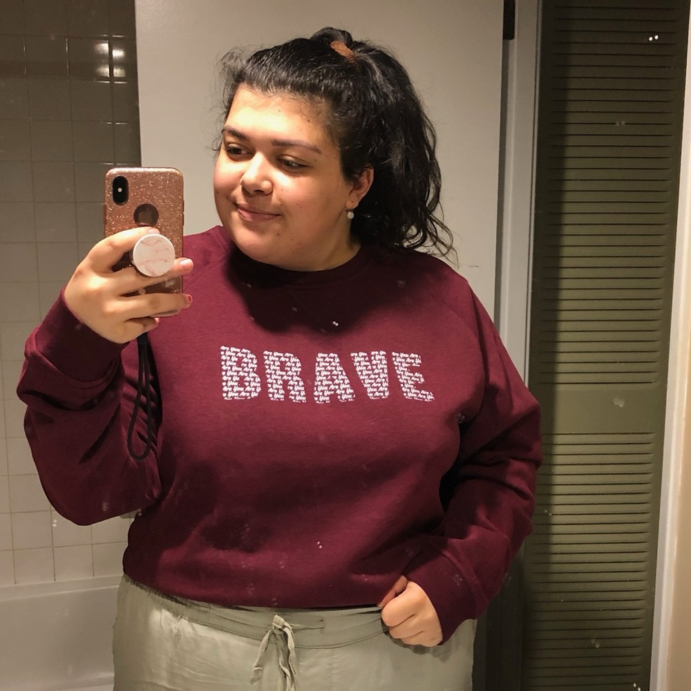 [#82] 1X "Brave" Crewneck Sweater, Fleece-Lined